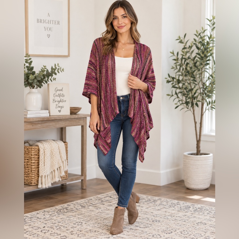 Georgina Estefania Open Front knit cardigan in Berry relaxed,kimono style. M-L